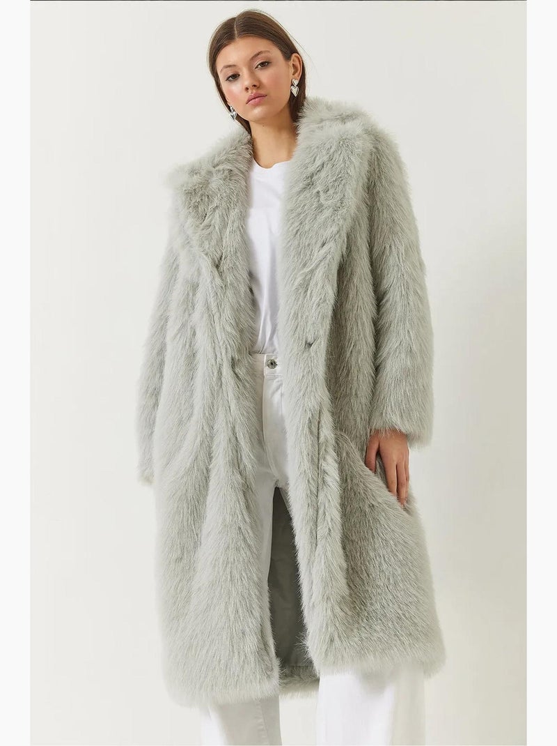 Manteau long en fausse fourrure à col châle lucci Gris perle - Kiabi