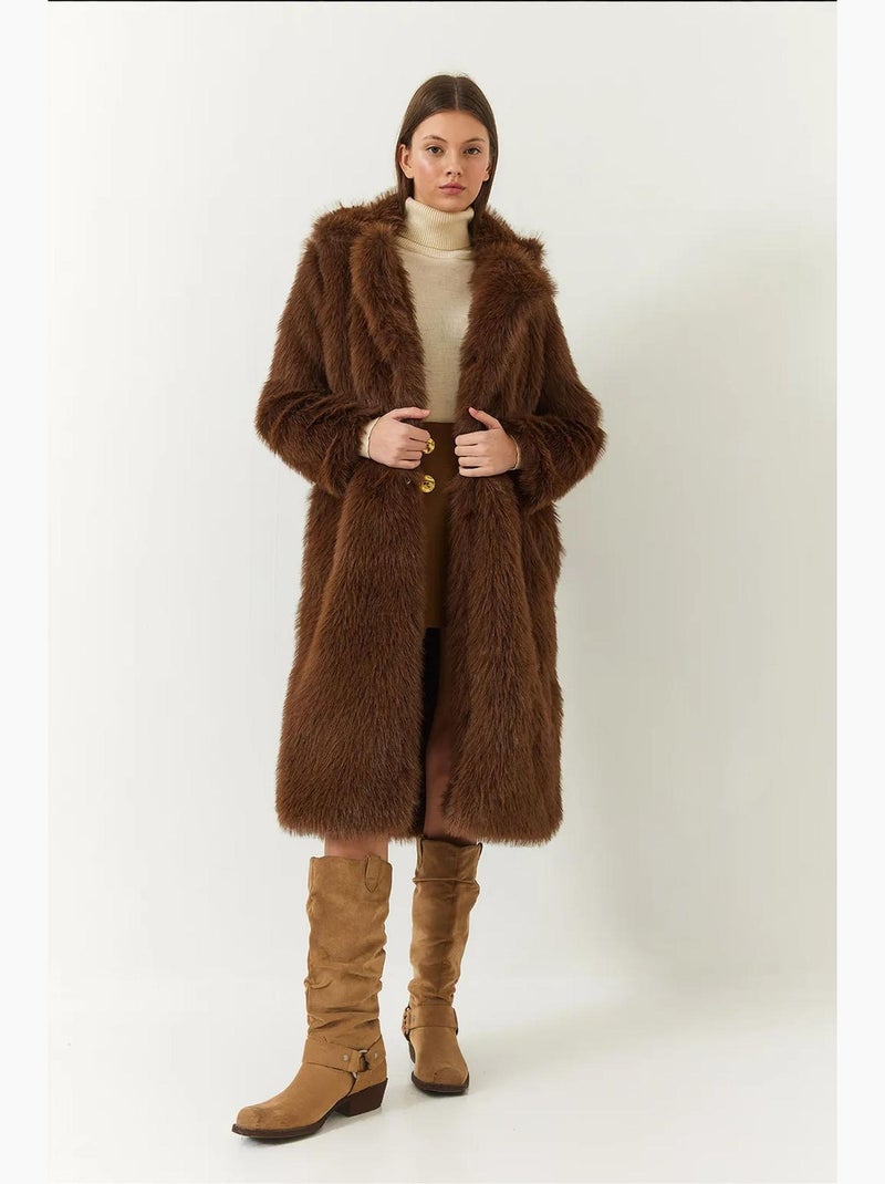 Manteau long en fausse fourrure à col châle lucci Marron - Kiabi
