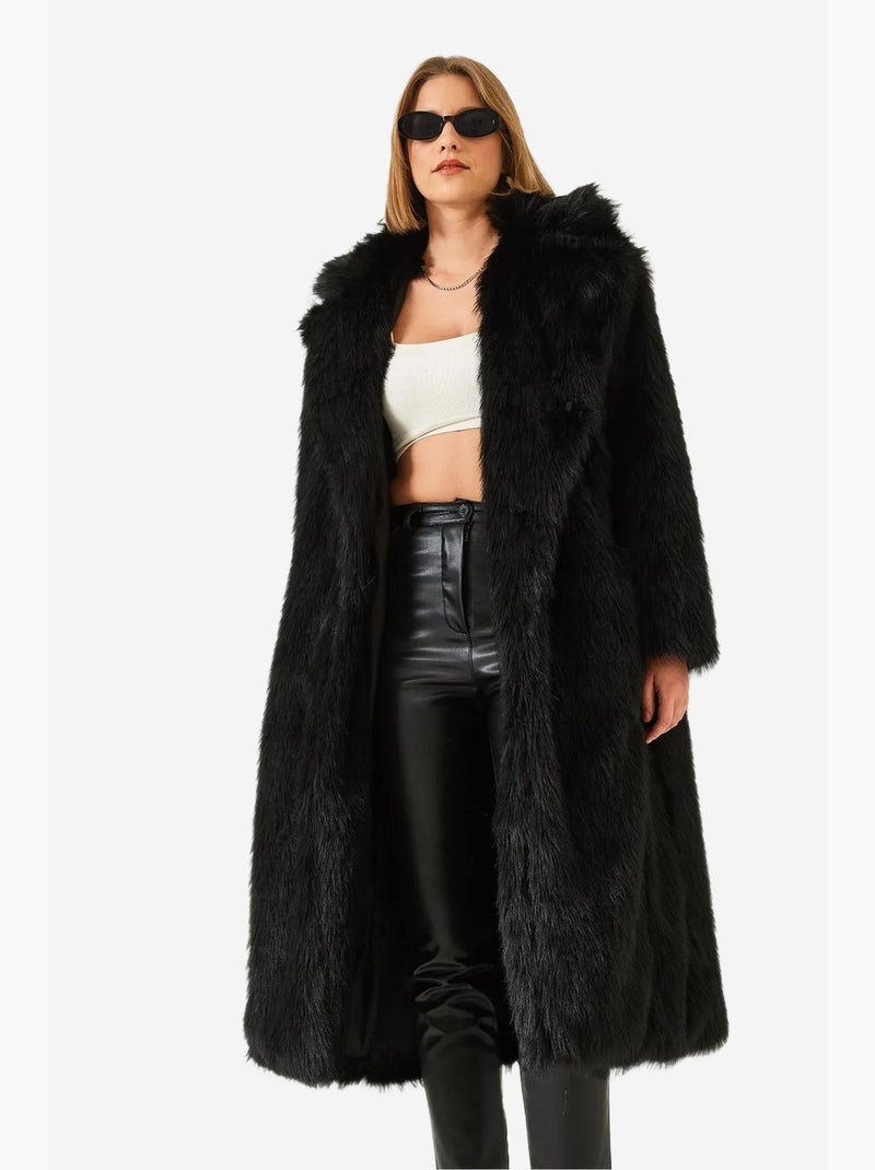 Manteau long en fausse fourrure à col châle lucci Noir - Kiabi