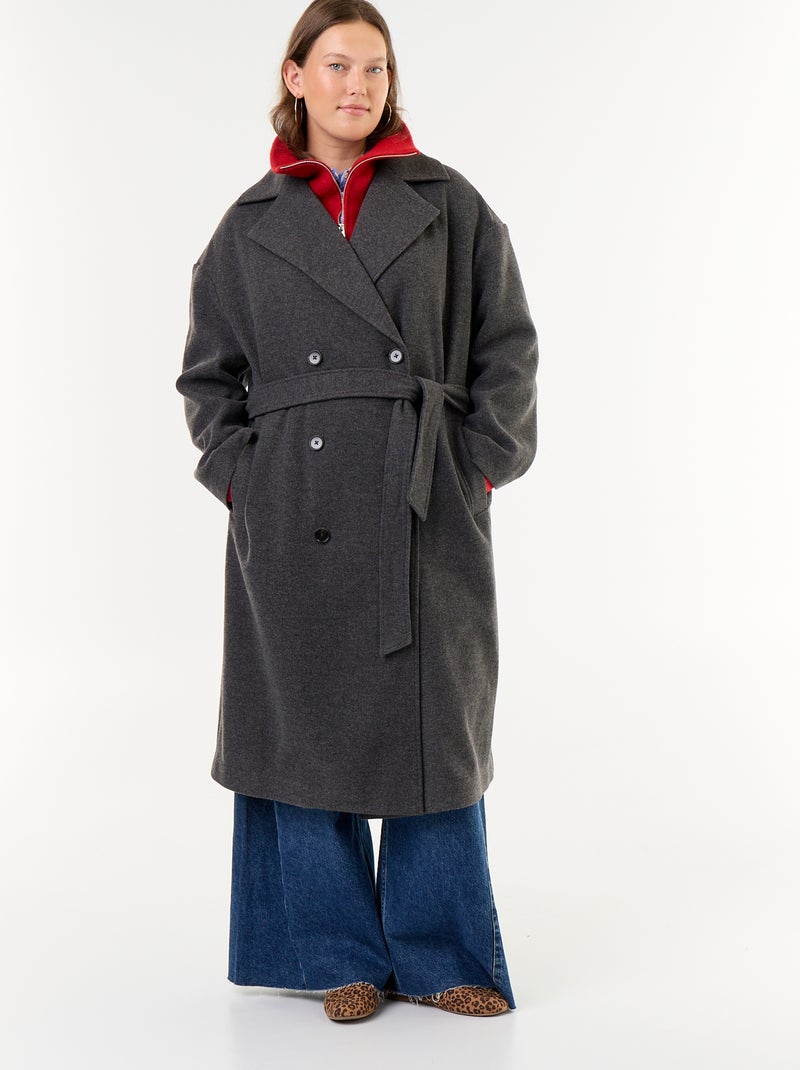 Manteau long en faux lainage avec col tailleur Gris - Kiabi