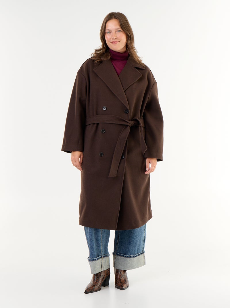 Manteau long en faux lainage avec col tailleur Marron - Kiabi
