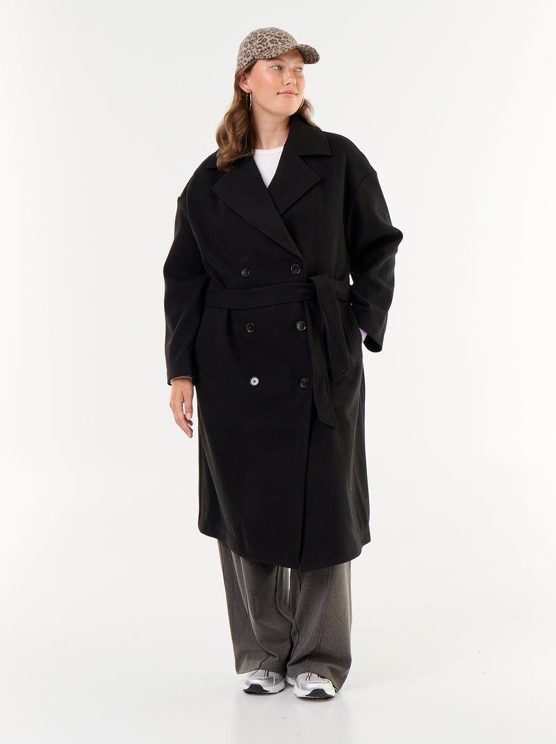 Manteau long en faux lainage avec col tailleur Noir - Kiabi