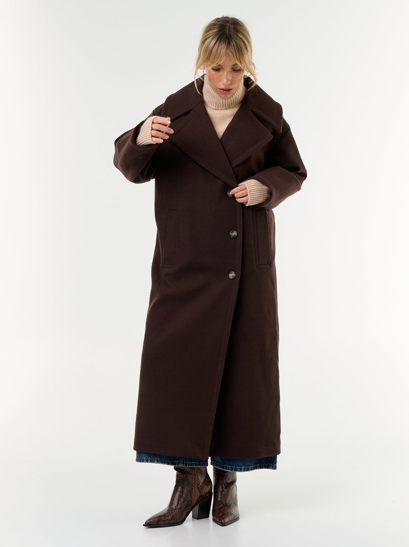Manteau long en faux lainage Marron - Kiabi