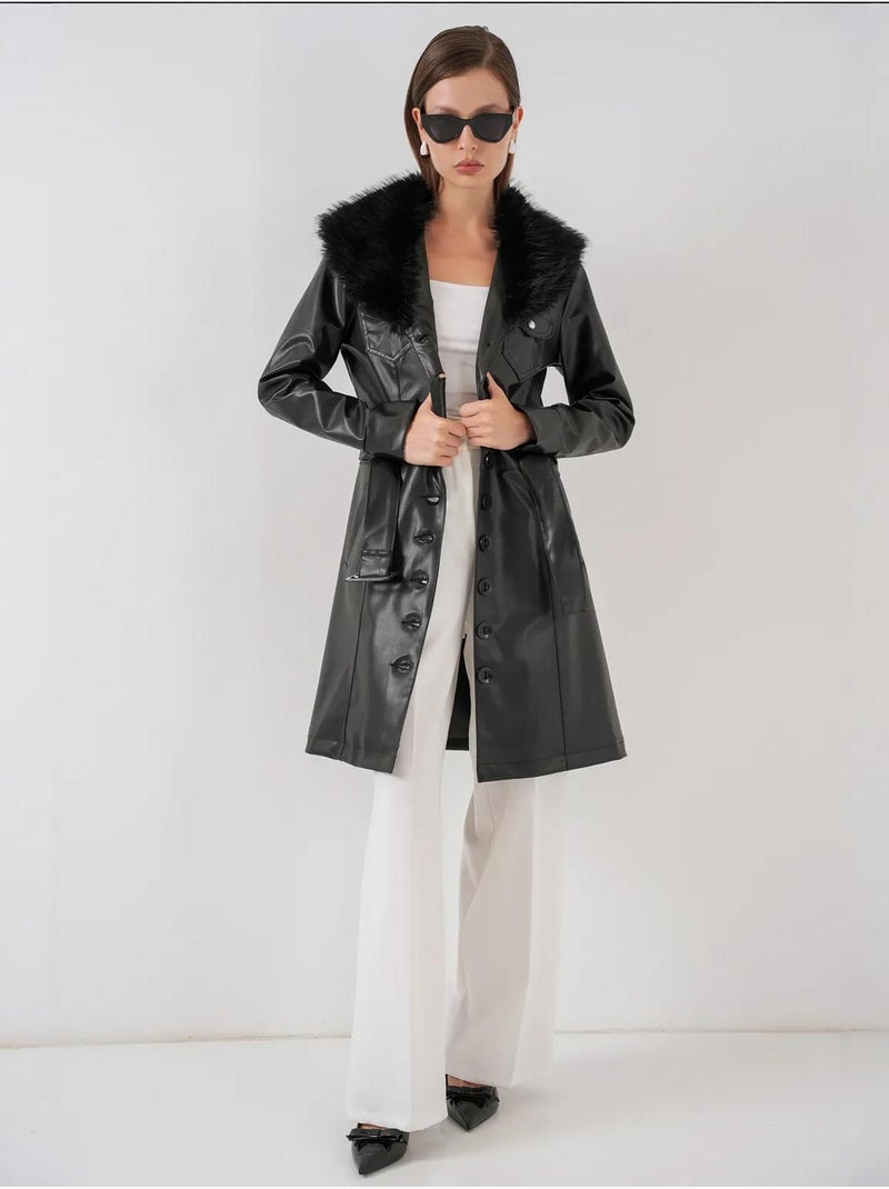 Manteau long en similicuir avec fermeture à boutons bdart Noir - Kiabi