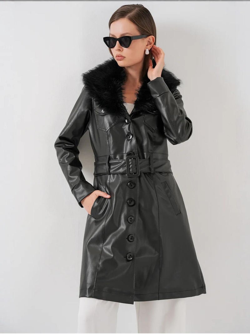 Manteau long en similicuir avec fermeture à boutons bdart Noir - Kiabi