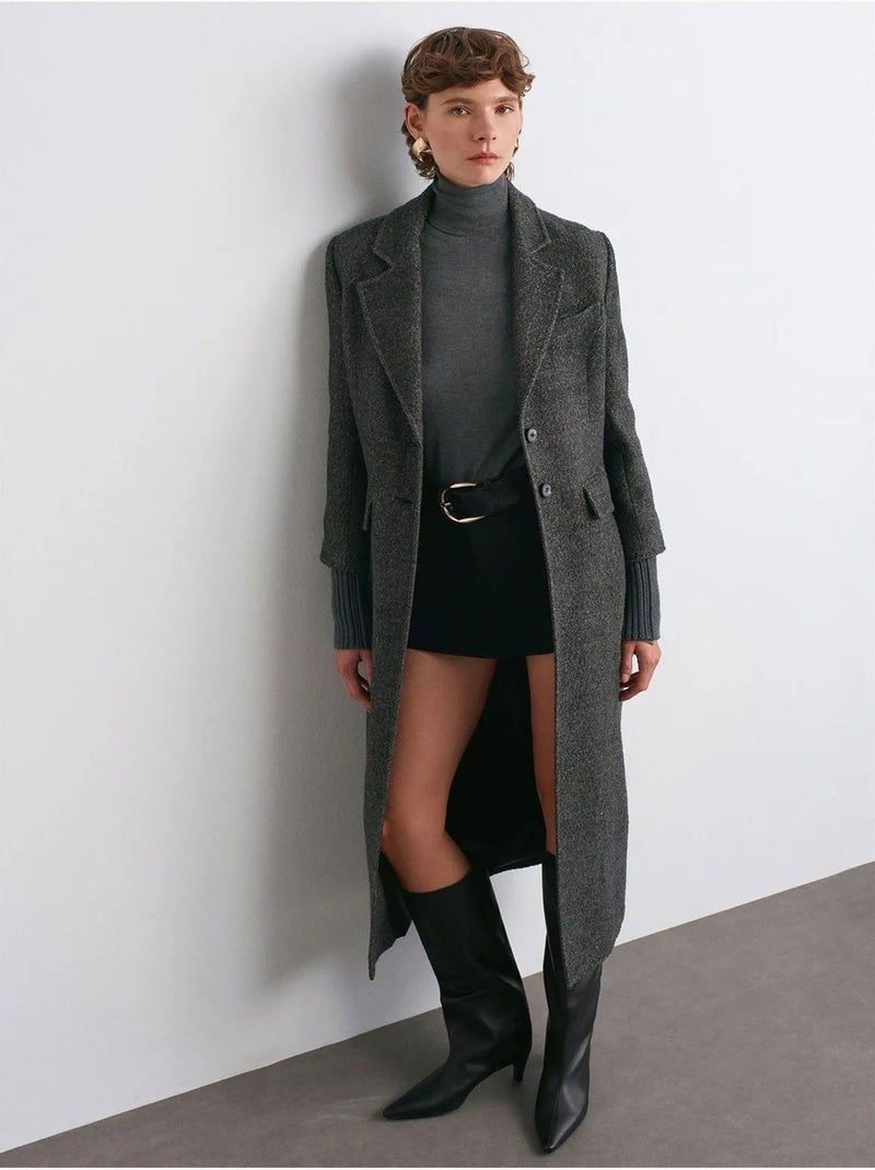 Manteau Long En Tweed Texturé gris anthracite - Kiabi