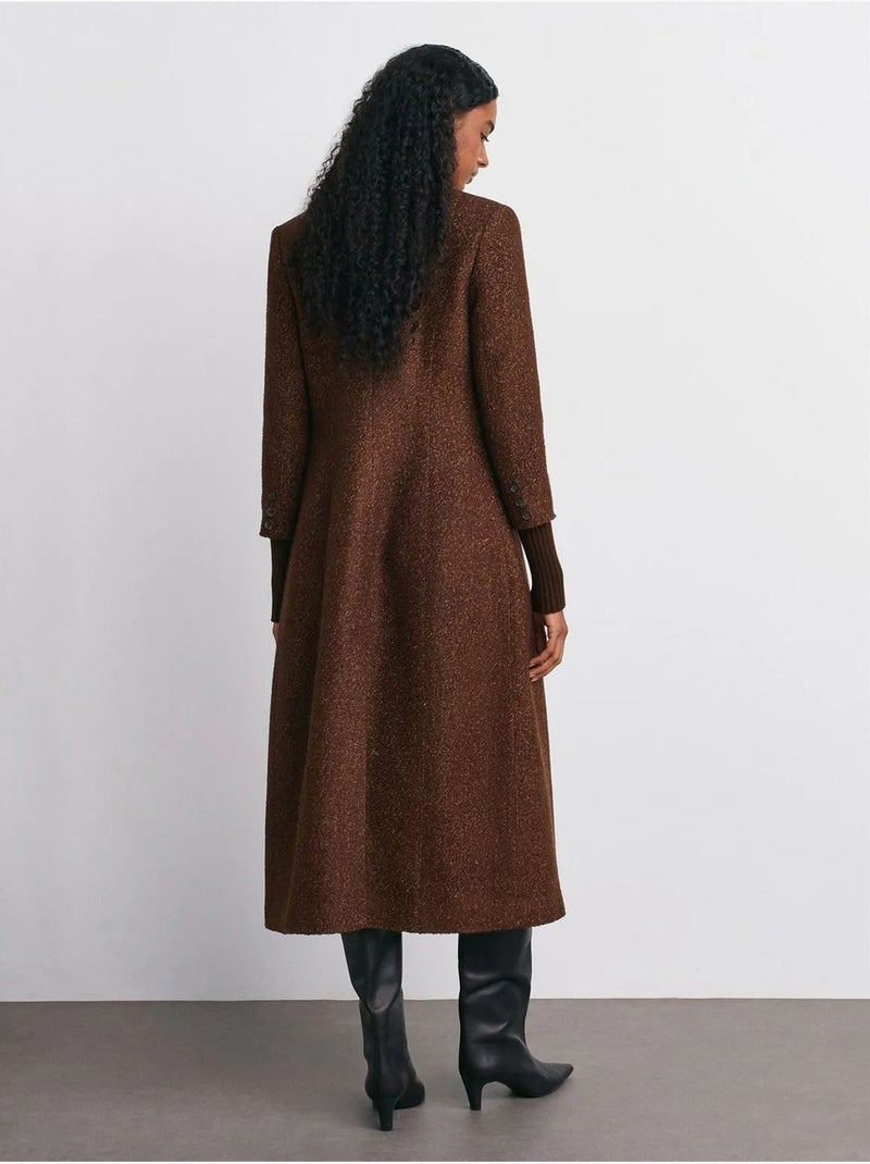 Manteau Long En Tweed Texturé Marron - Kiabi