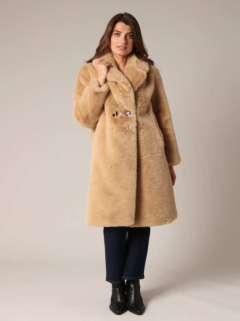 Manteau long esprit fourrure avec col large 'Deeluxe' Marron cappuccino - Kiabi