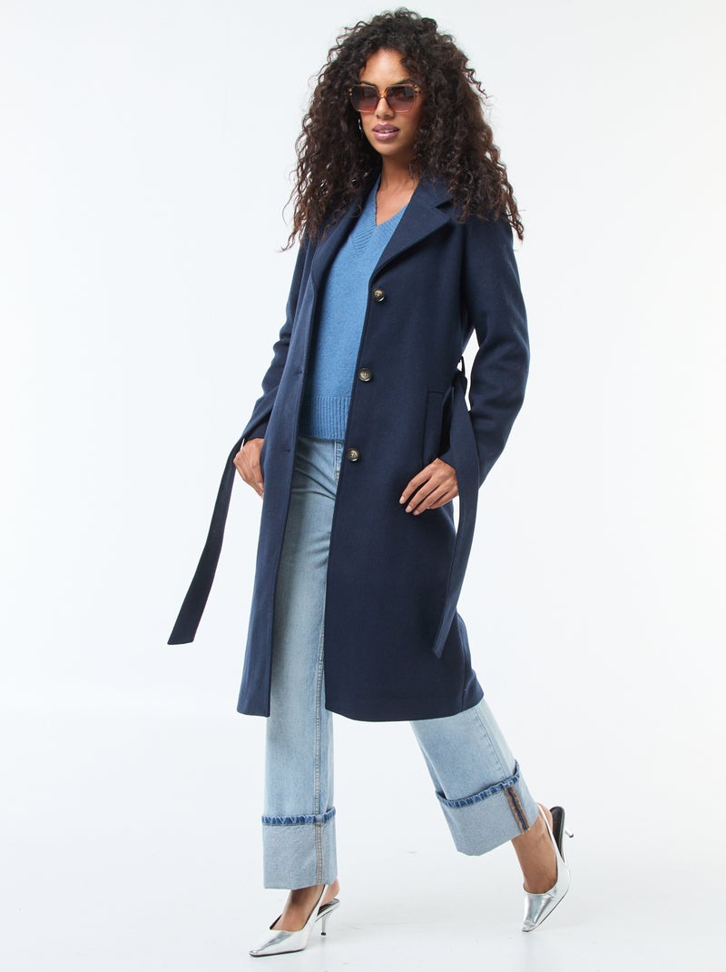 Manteau long façon lainage avec ceinture Bleu - Kiabi