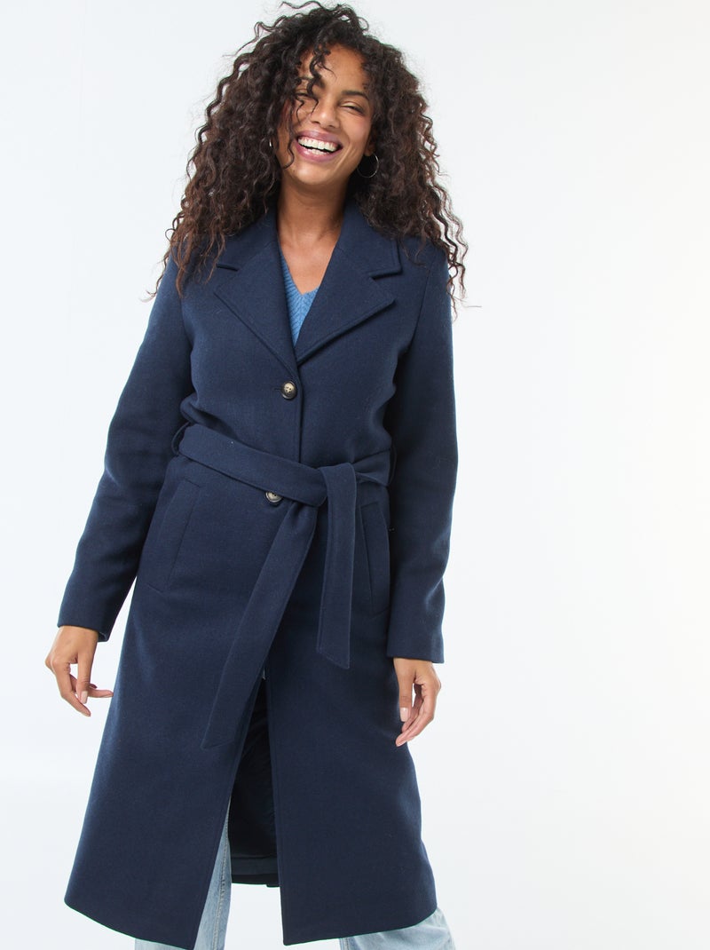 Manteau long façon lainage avec ceinture Bleu - Kiabi