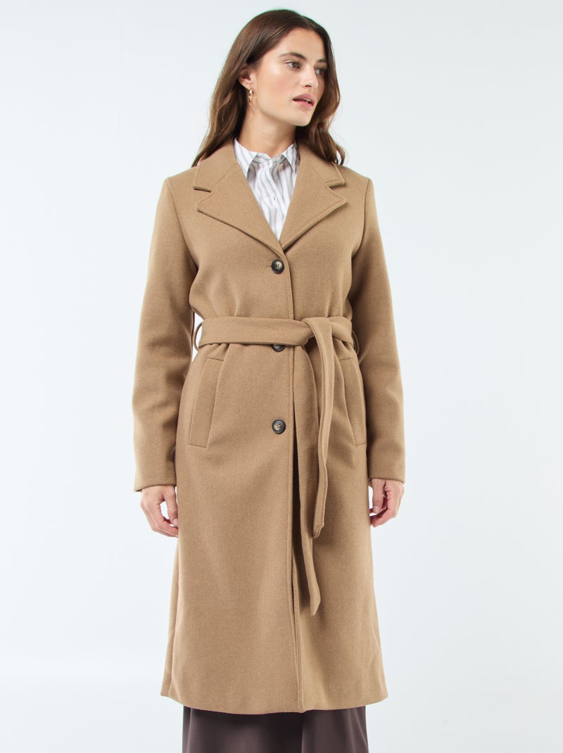 Manteau long façon lainage avec ceinture Marron - Kiabi