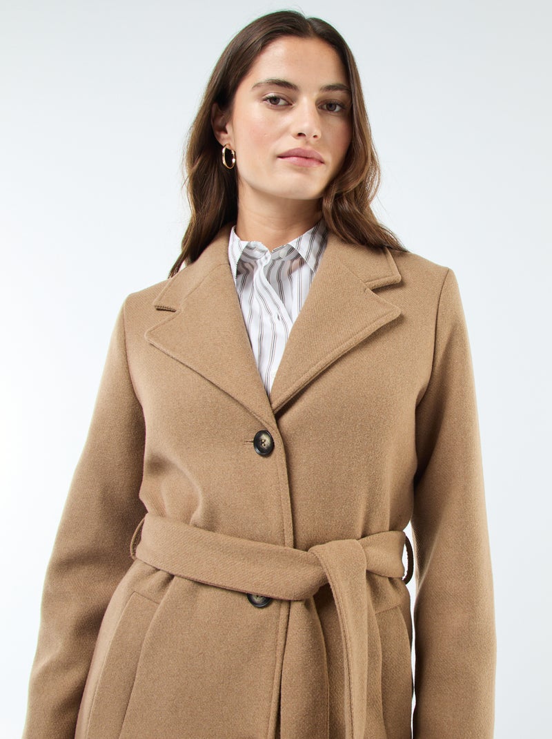Manteau long façon lainage avec ceinture Marron - Kiabi