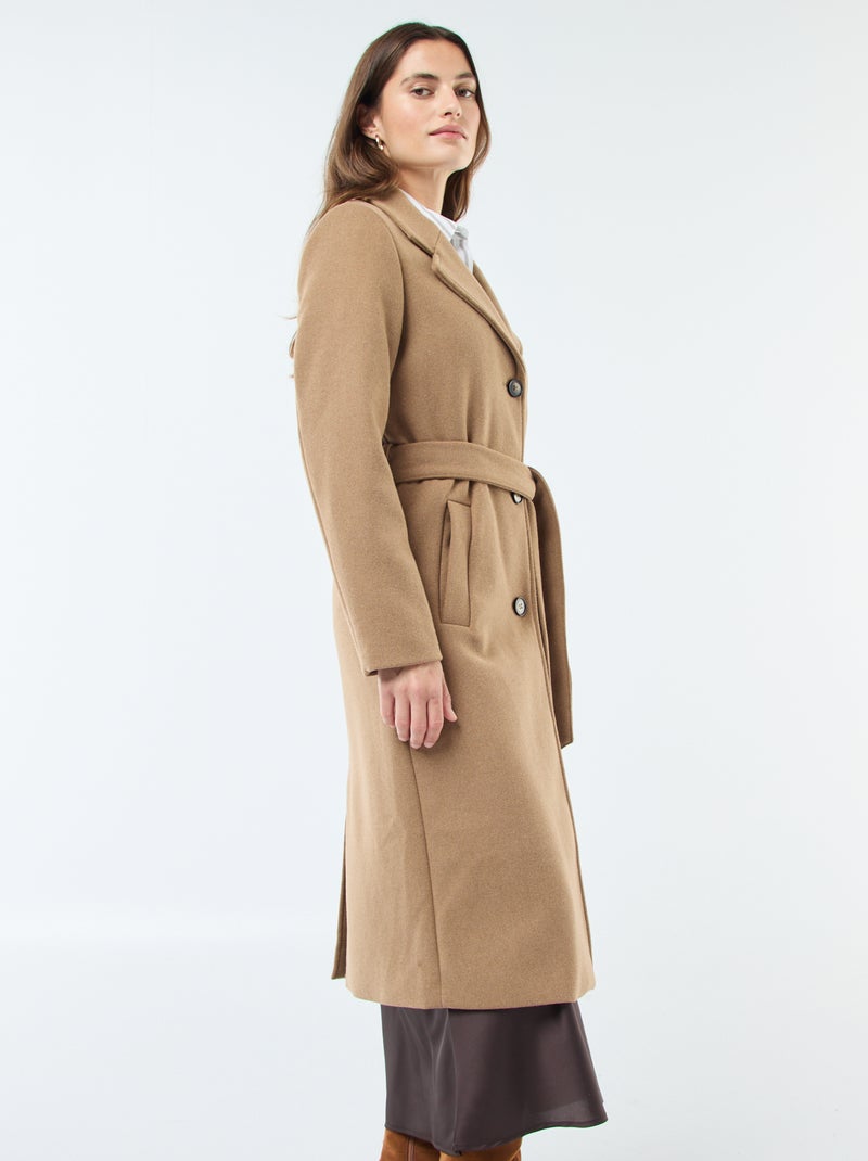 Manteau long façon lainage avec ceinture Marron - Kiabi