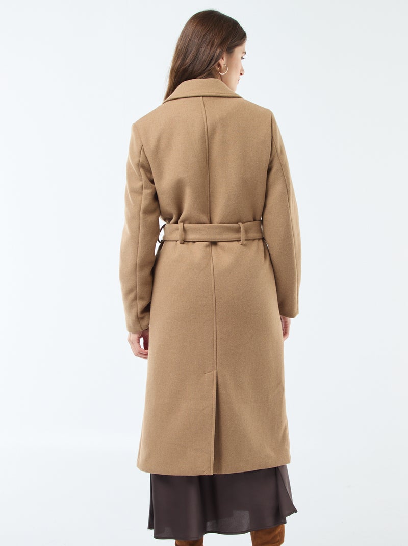 Manteau long façon lainage avec ceinture Marron - Kiabi