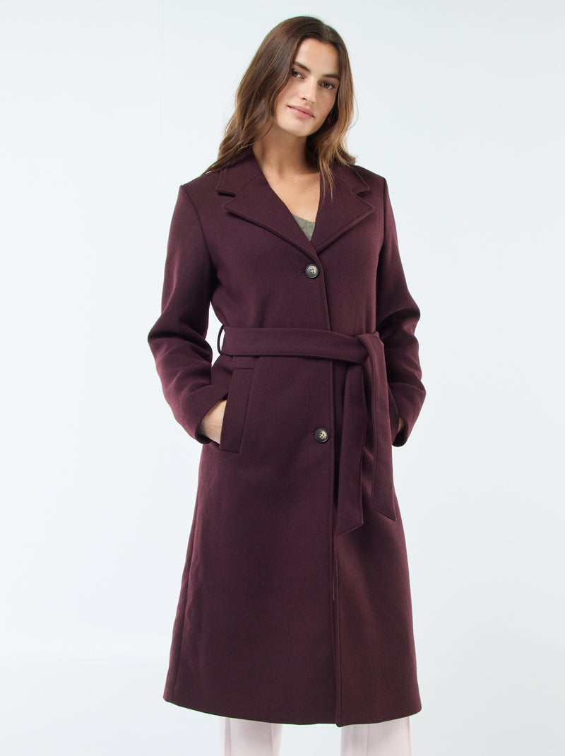 Manteau long façon lainage avec ceinture Violet - Kiabi