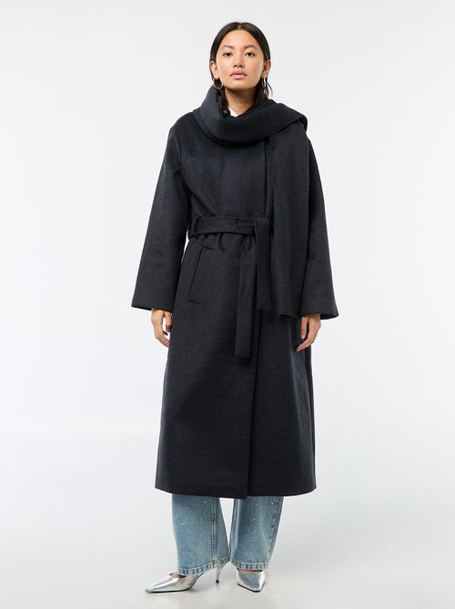 Manteau long façon lainage col rond avec écharpe cousue - Kiabi