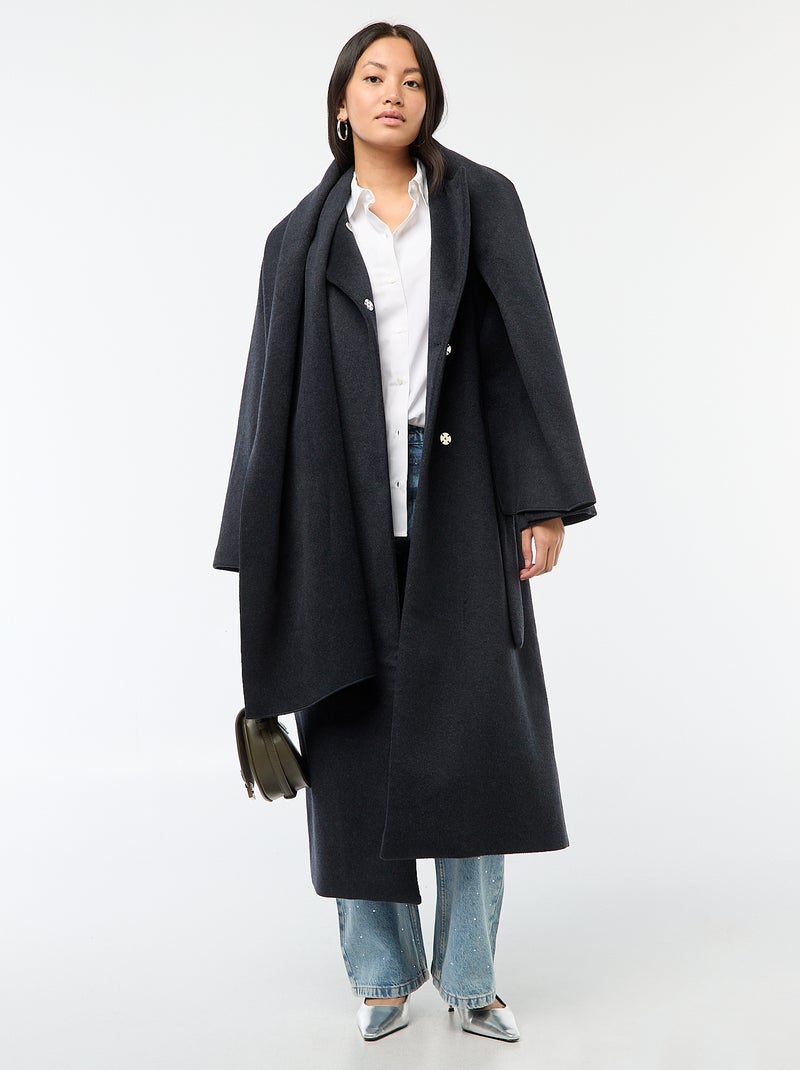 Manteau long façon lainage col rond avec écharpe cousue Bleu - Kiabi