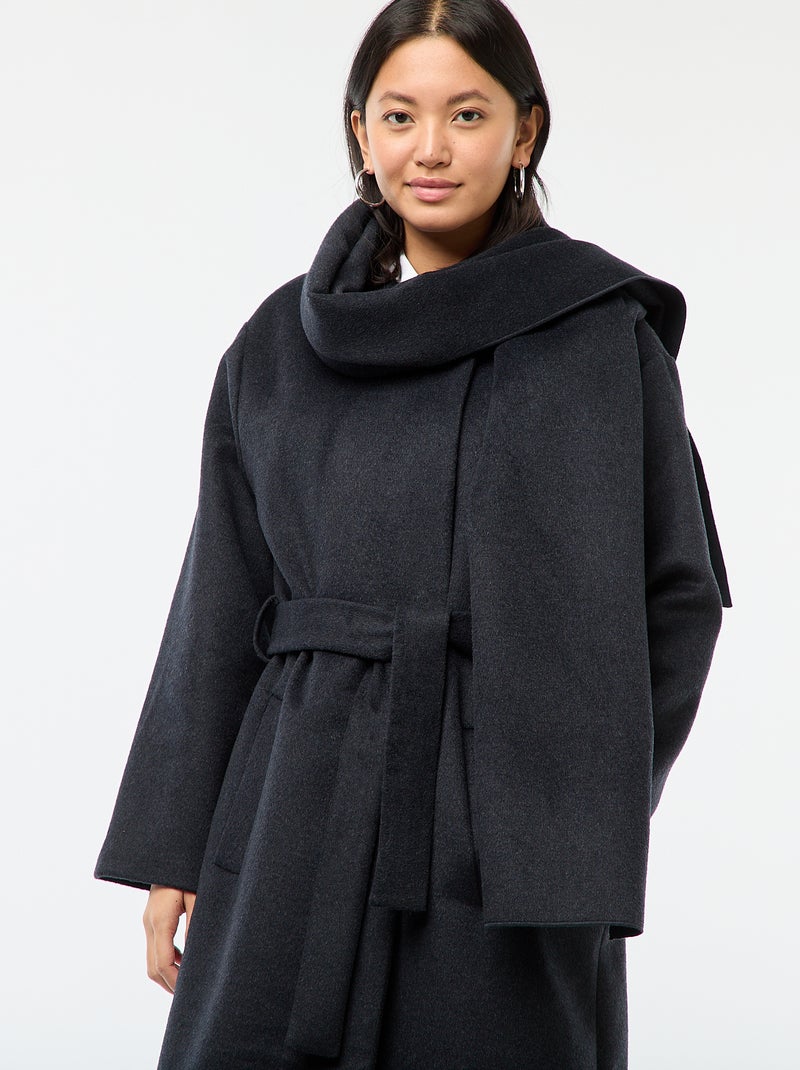 Manteau long façon lainage col rond avec écharpe cousue Bleu - Kiabi