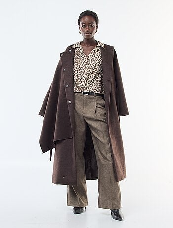 Manteau long façon lainage col rond avec écharpe cousue