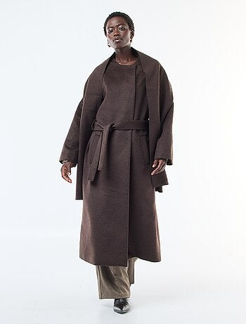 Manteau long façon lainage col rond avec écharpe cousue