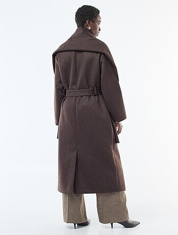 Manteau long façon lainage col rond avec écharpe cousue
