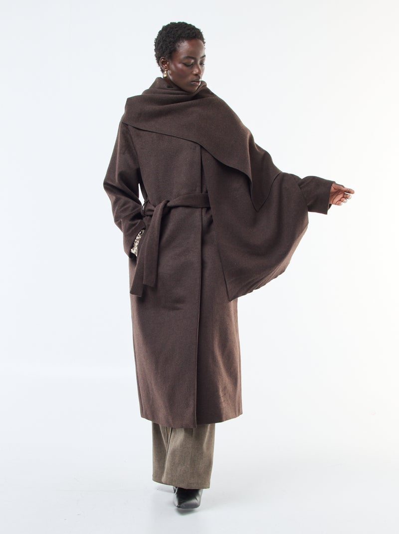 Manteau long façon lainage col rond avec écharpe cousue Marron - Kiabi