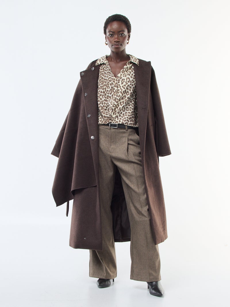 Manteau long façon lainage col rond avec écharpe cousue Marron - Kiabi