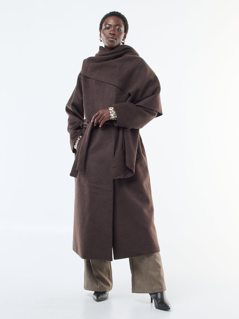 Manteau long façon lainage col rond avec écharpe cousue Marron - Kiabi