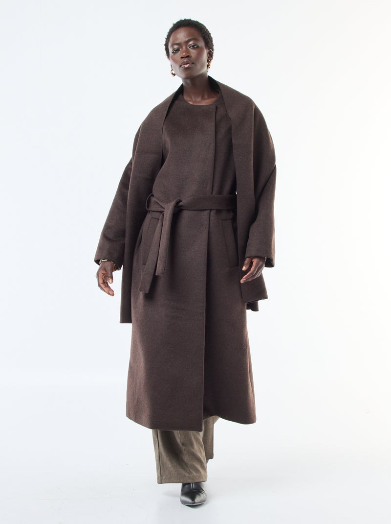 Manteau long façon lainage col rond avec écharpe cousue Marron - Kiabi