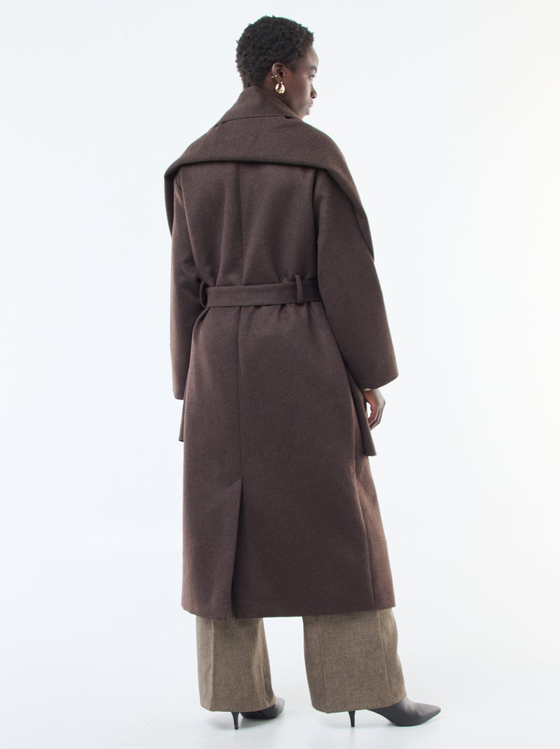 Manteau long façon lainage col rond avec écharpe cousue Marron - Kiabi