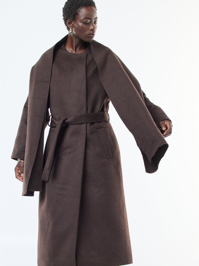 Manteau long façon lainage col rond avec écharpe cousue Marron - Kiabi