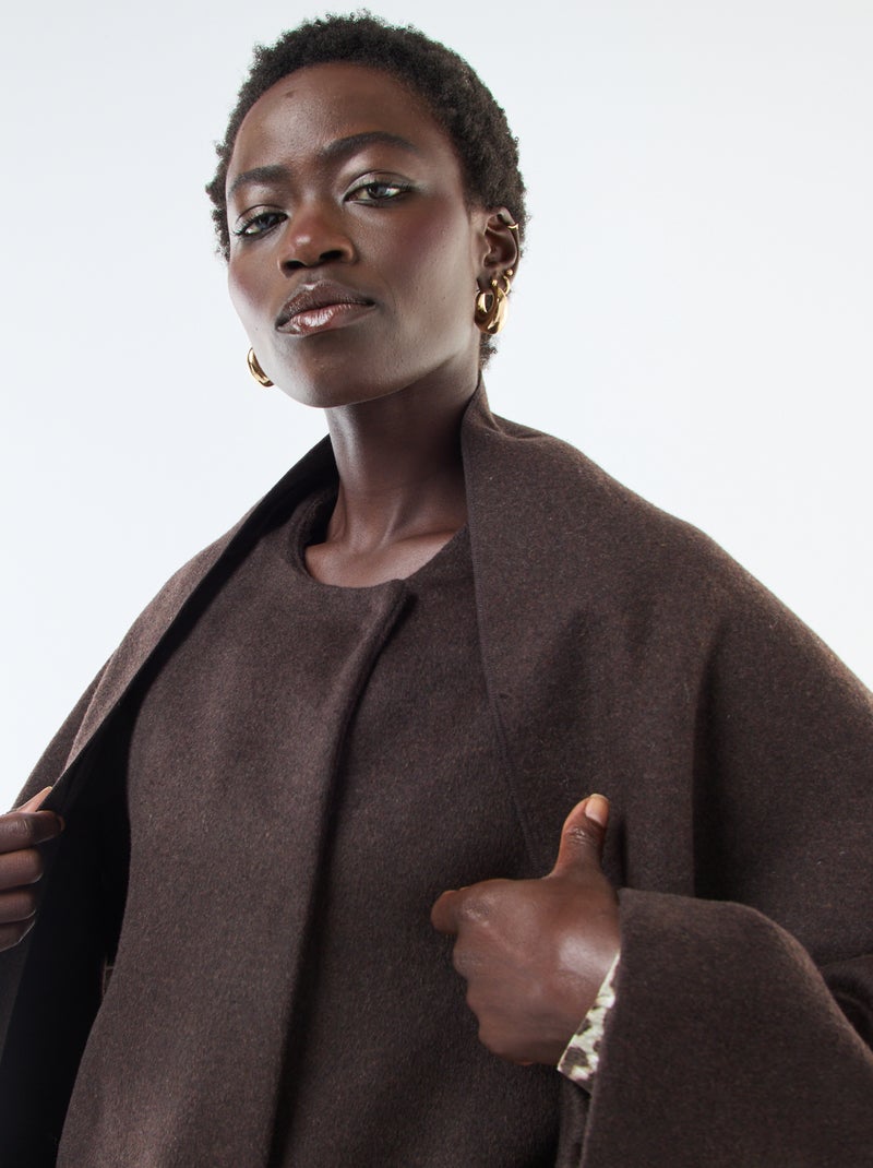 Manteau long façon lainage col rond avec écharpe cousue Marron - Kiabi