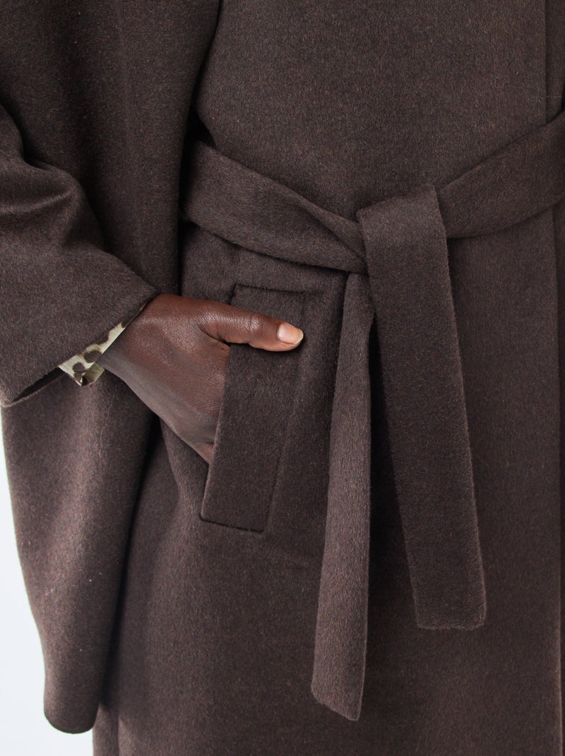 Manteau long façon lainage col rond avec écharpe cousue Marron - Kiabi