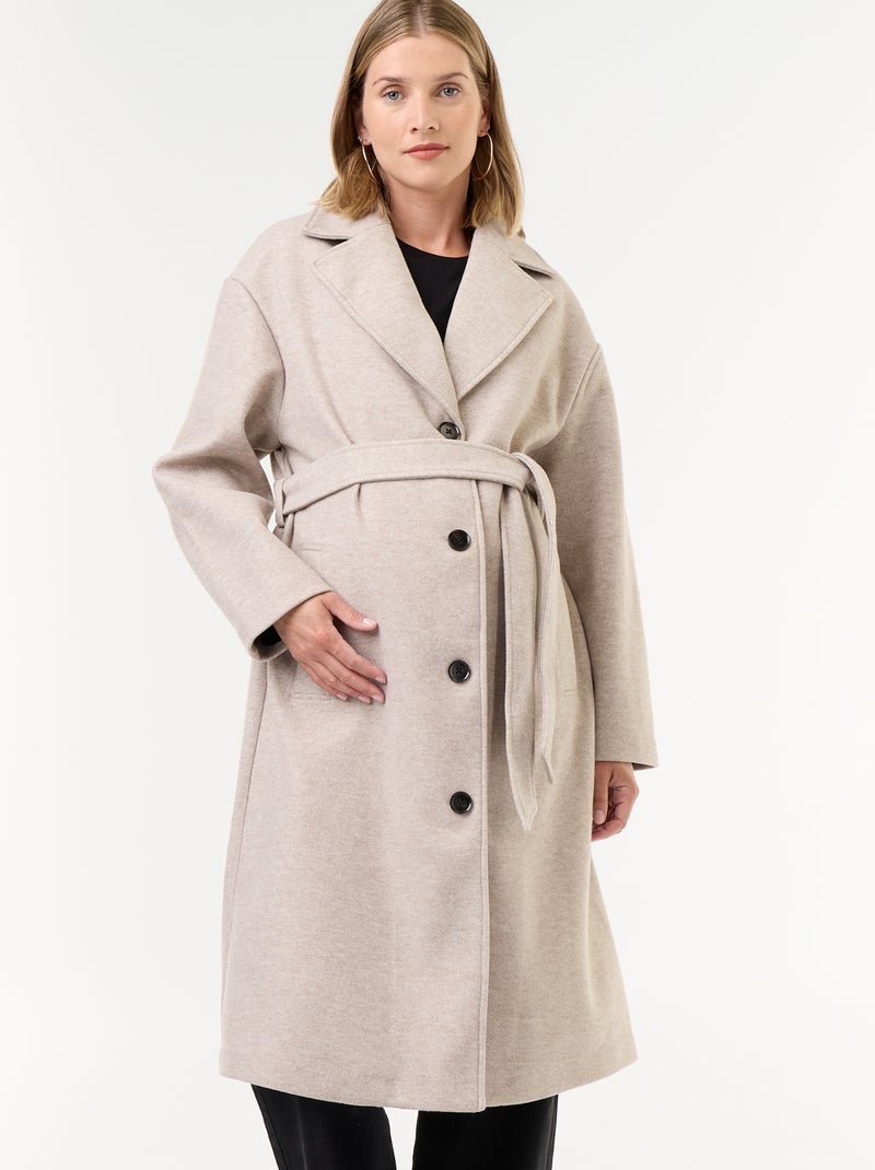 Manteau long faux lainage col tailleur Beige - Kiabi