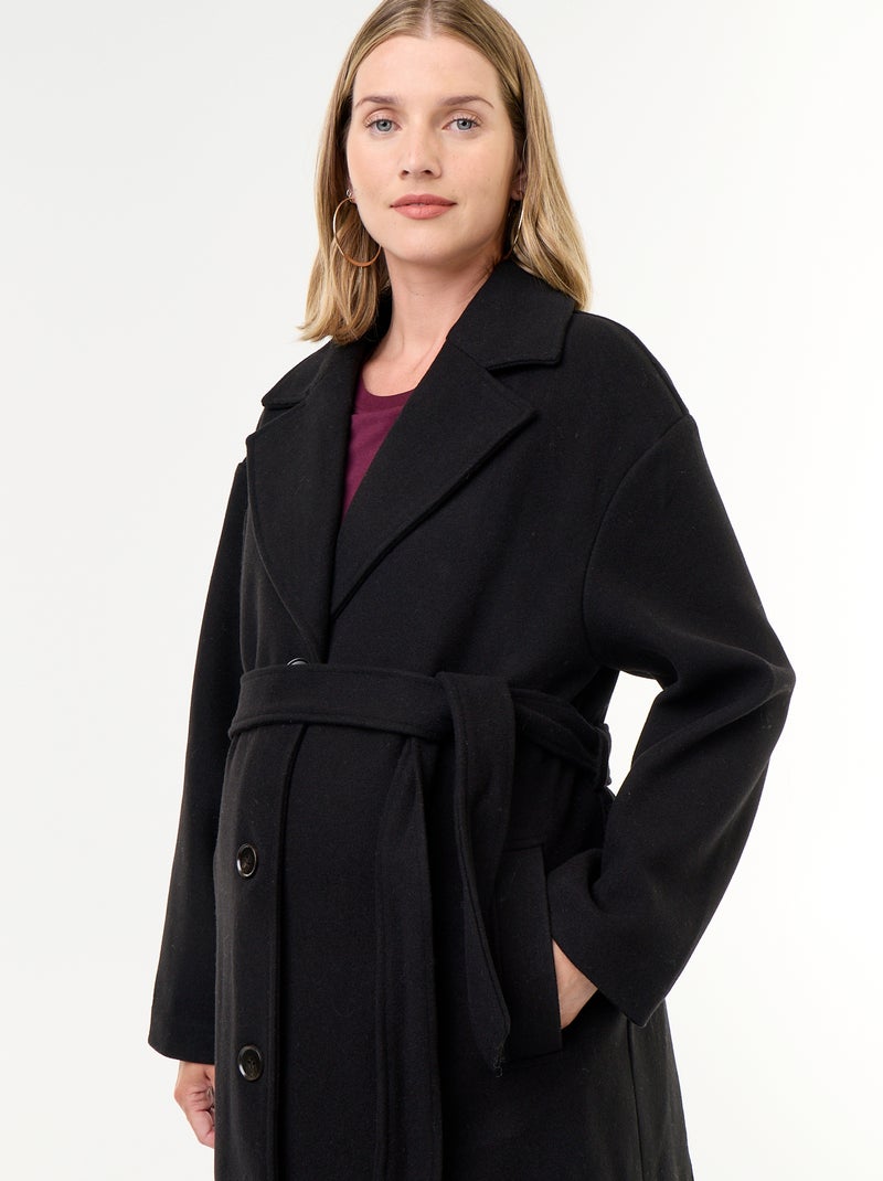Manteau long faux lainage col tailleur Noir - Kiabi