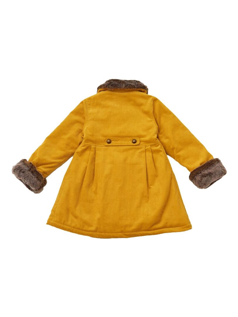 Manteau Long Fille Velours Jaune Col Fausse Fourrure