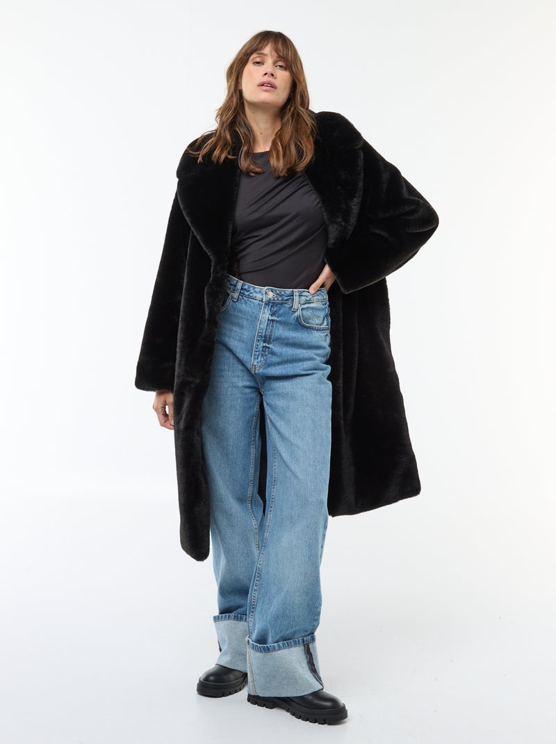 Manteau long imitation fourrure Noir - Kiabi