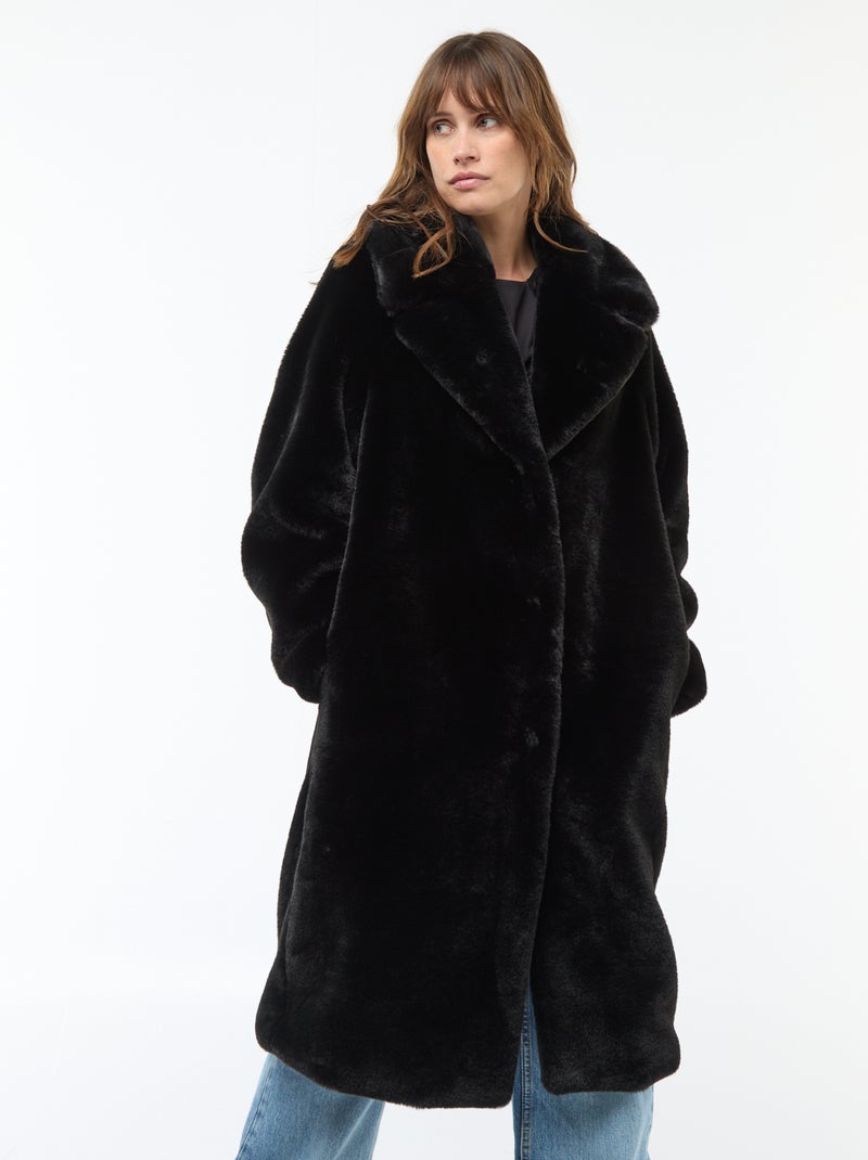 Manteau long imitation fourrure Noir - Kiabi