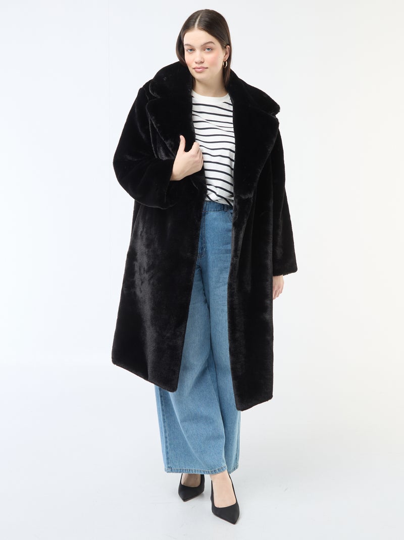 Manteau long imitation fourrure Noir - Kiabi