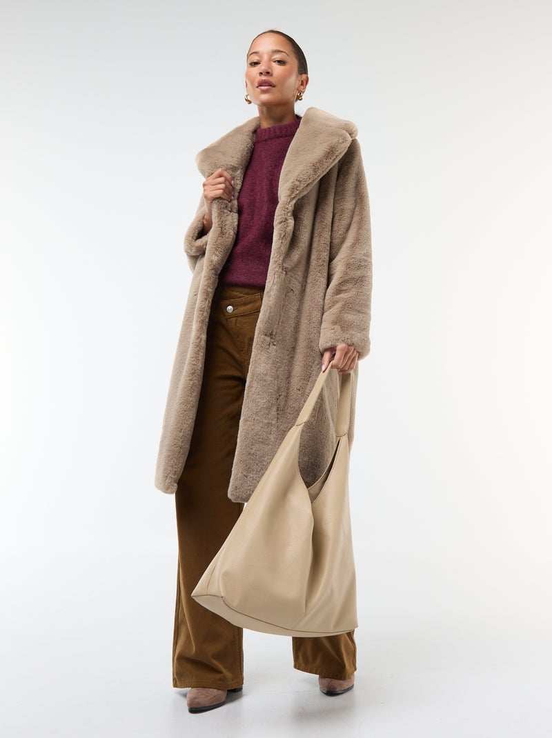 Manteau long imitation fourrure Taupe - Kiabi