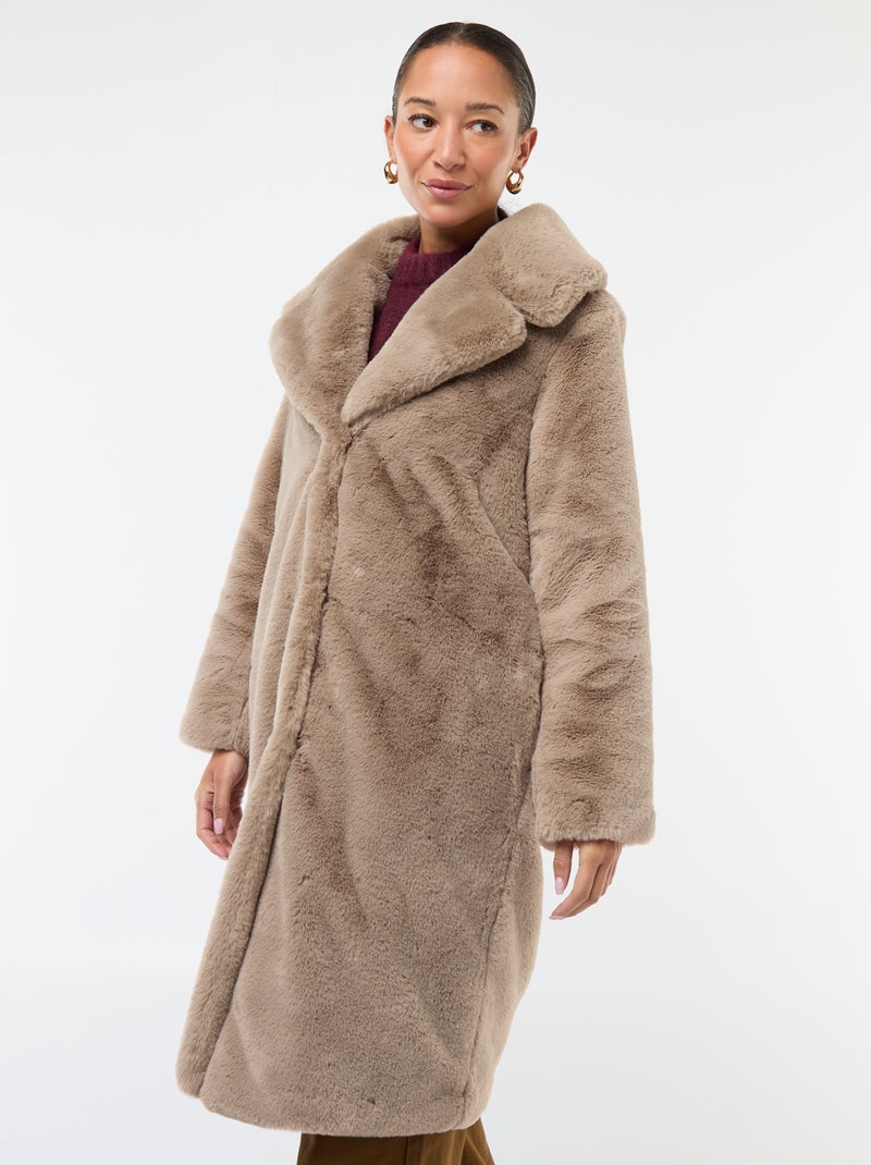 Manteau long imitation fourrure Taupe - Kiabi