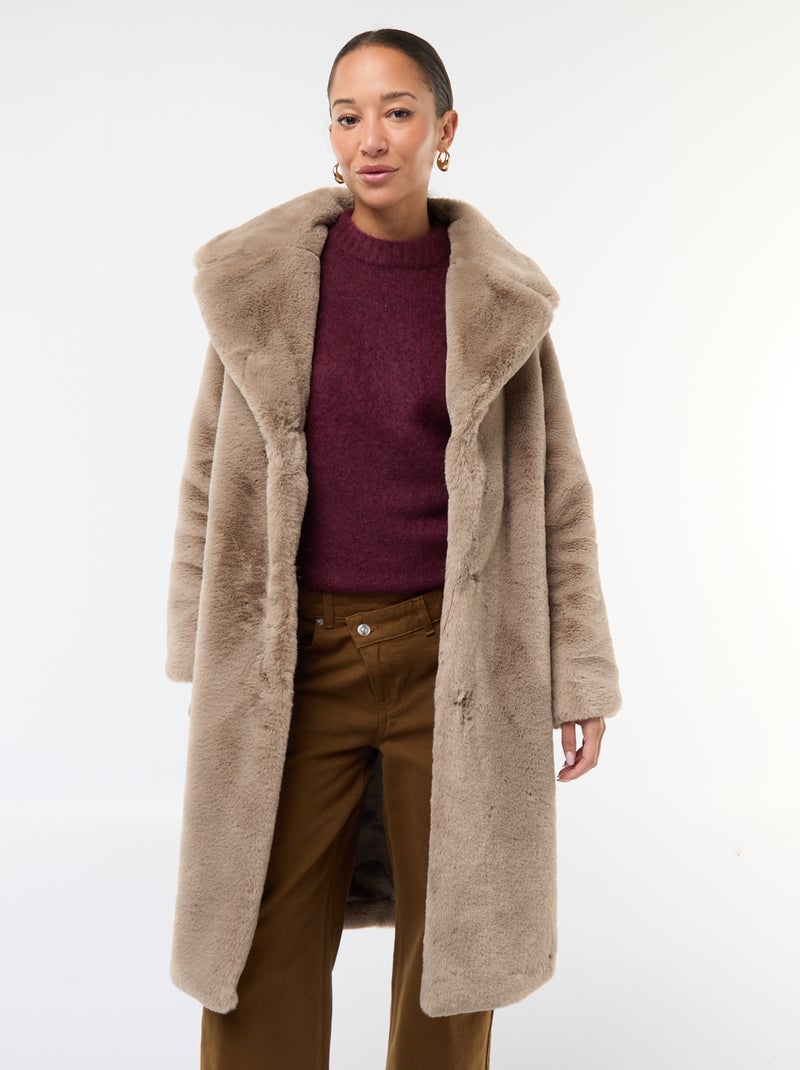 Manteau long imitation fourrure Taupe - Kiabi