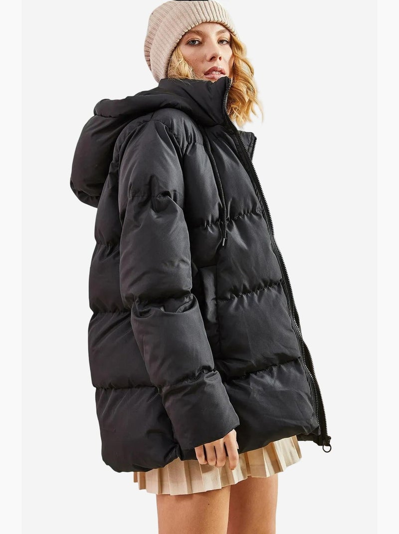 Manteau long matelassé avec capuche à cordon de serrage lucci Noir - Kiabi