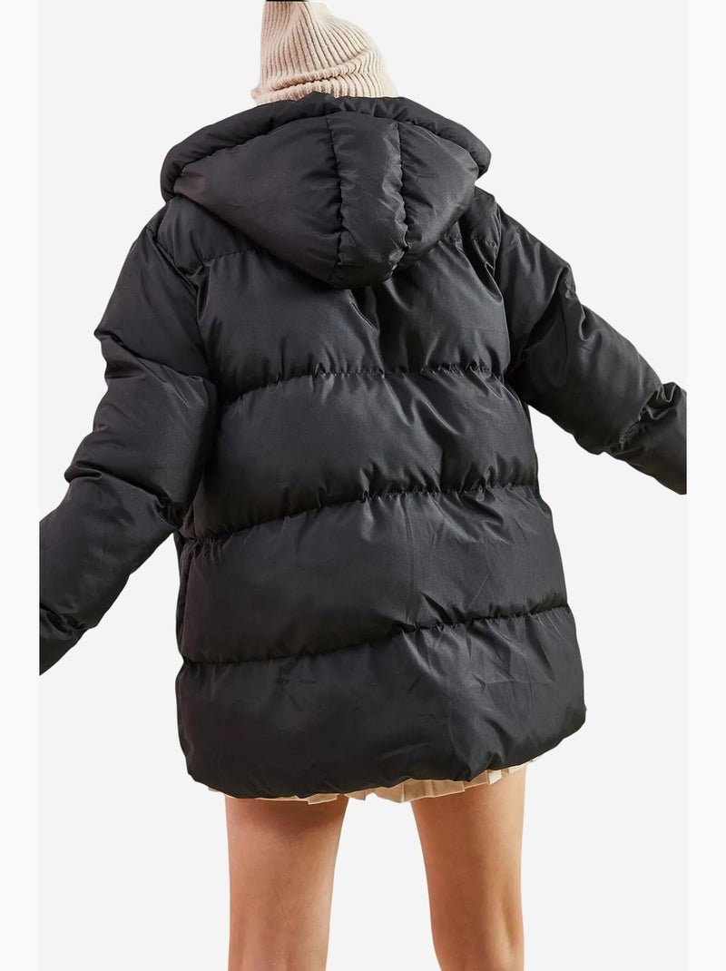 Manteau long matelassé avec capuche à cordon de serrage lucci Noir - Kiabi