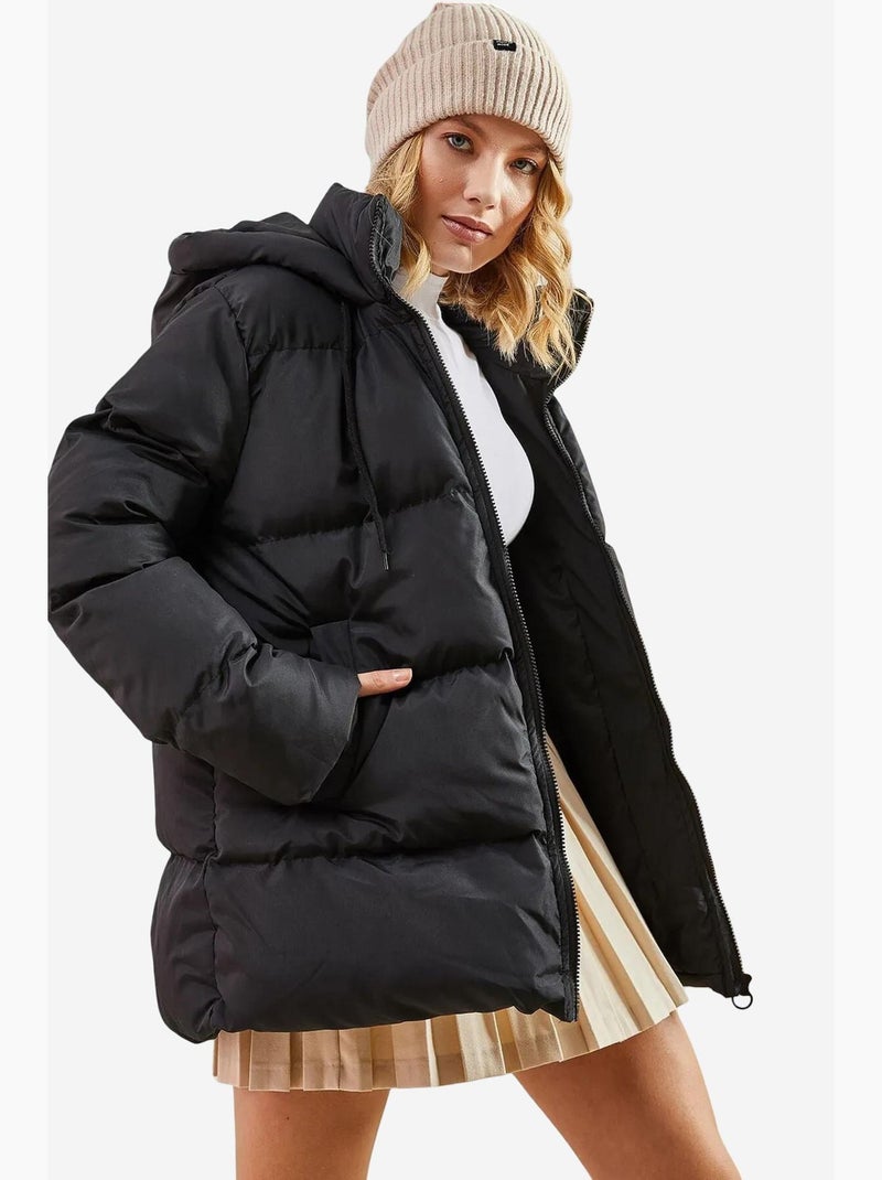 Manteau long matelassé avec capuche à cordon de serrage lucci Noir - Kiabi