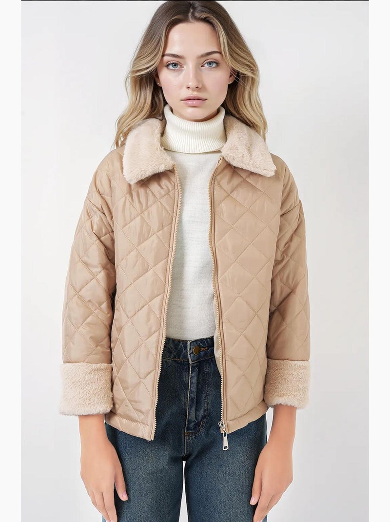 Manteau matelassé avec détails en fausse fourrure bdart Beige argile - Kiabi