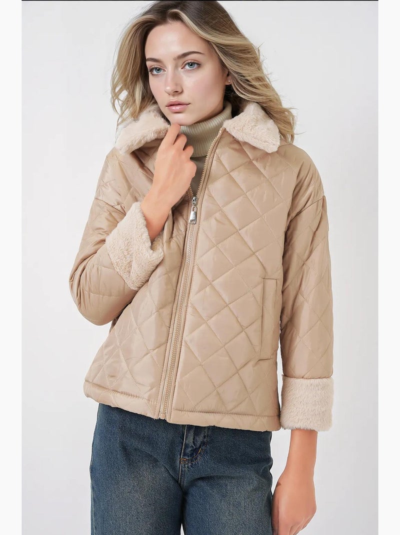 Manteau matelassé avec détails en fausse fourrure bdart Beige argile - Kiabi