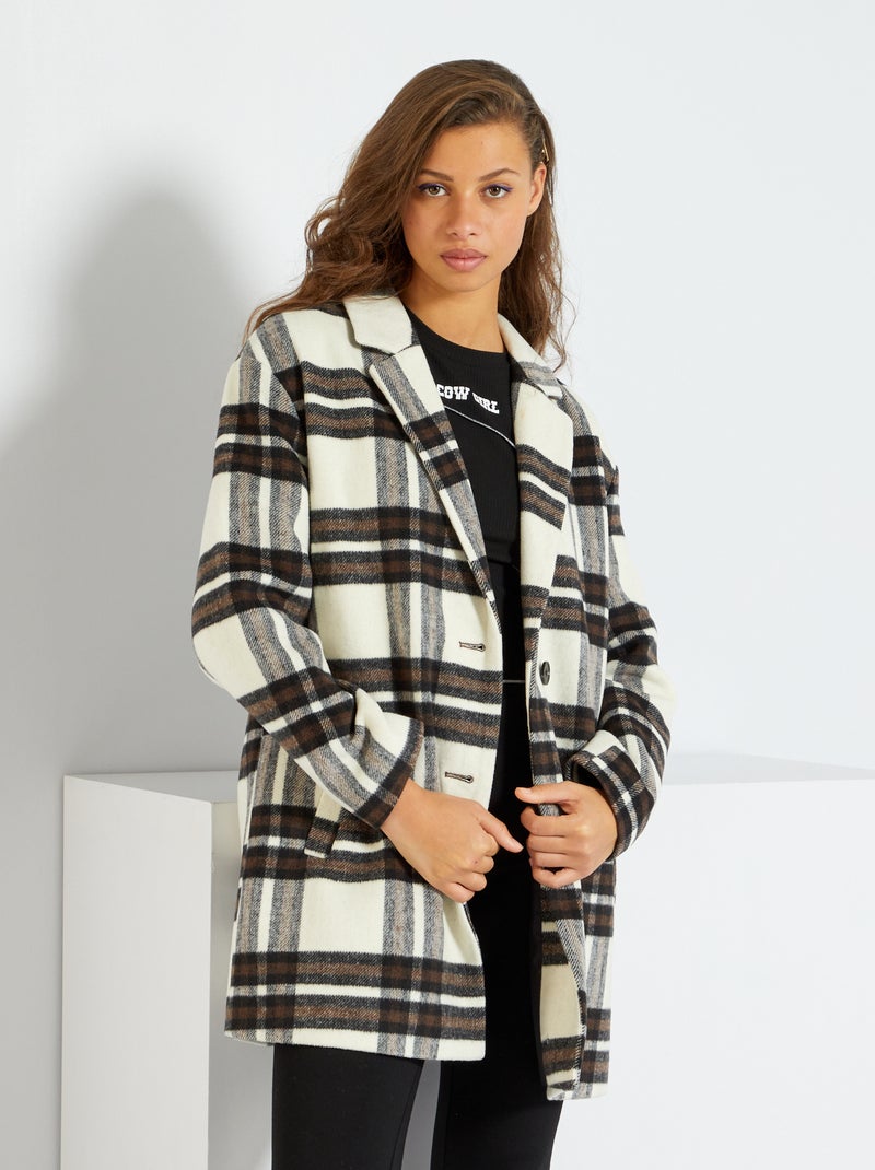 Manteau mi-long à carreaux marron - Kiabi