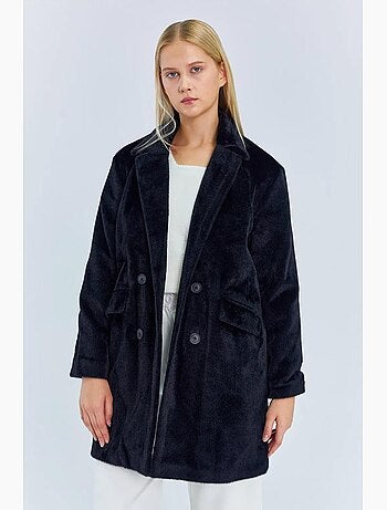 Manteau mi-long boutonné en peluche épaisse avec col veste mixray