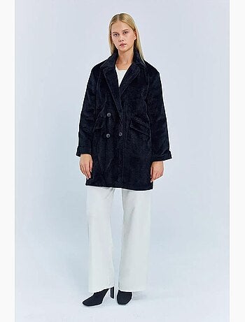 Manteau mi-long boutonné en peluche épaisse avec col veste mixray